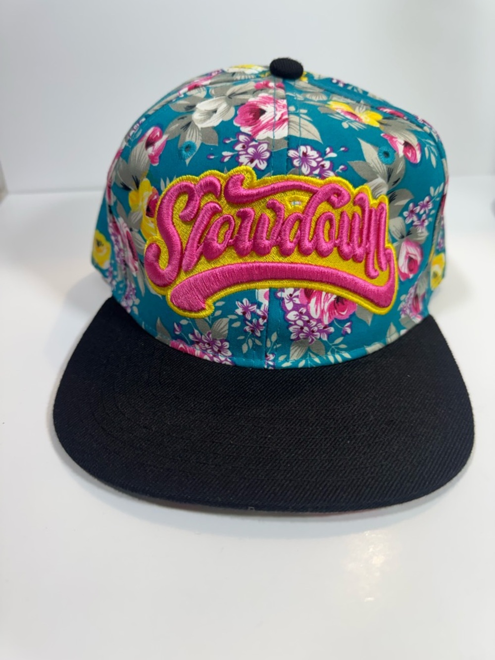 Floral Teal Snapback Hat with Pink Embroidered 'Slowdown'